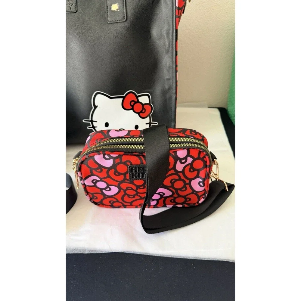 Hello Kitty 3 Piece Bag Set Tote Cosmetic Pouch Crossbody Purse Black Red Sanrio